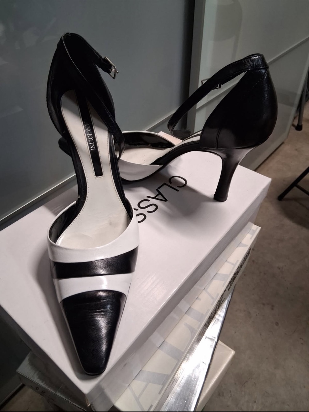 Enzo Angiolini Black and White Striped Pointed-Toe Ankle-Strap Heels